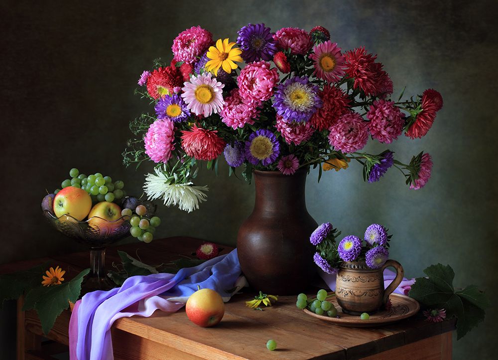 Still life with a bouquet of asters and fruits art print by Tatyana Skorokhod for $57.95 CAD