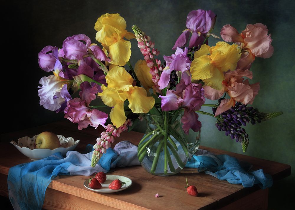 Still life with a bouquet of irises and lupine art print by Tatyana Skorokhod for $57.95 CAD