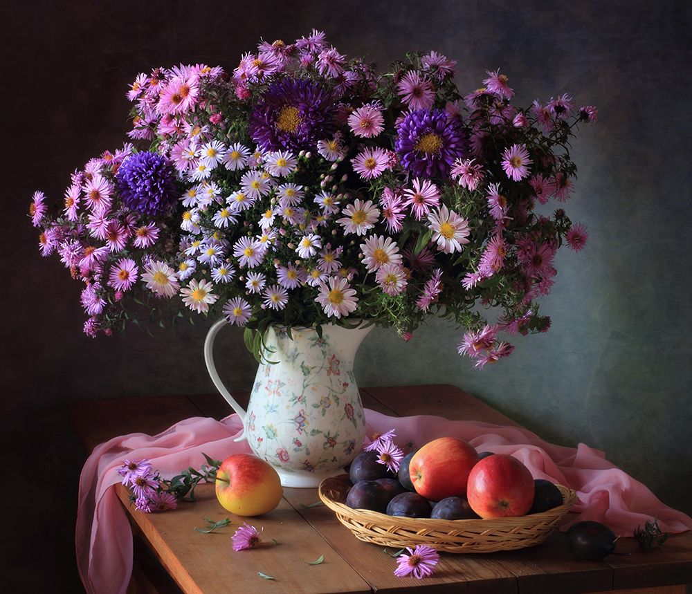 Still Life With A Bouquet Of Chrysanthemums And Fruits art print by Tatyana Skorokhod for $57.95 CAD