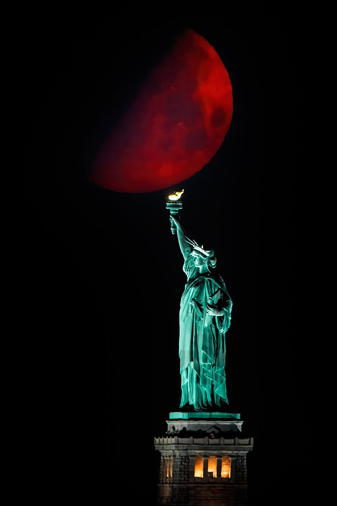 Statue Of Liberty And Moonset art print by Hua Zhu for $57.95 CAD