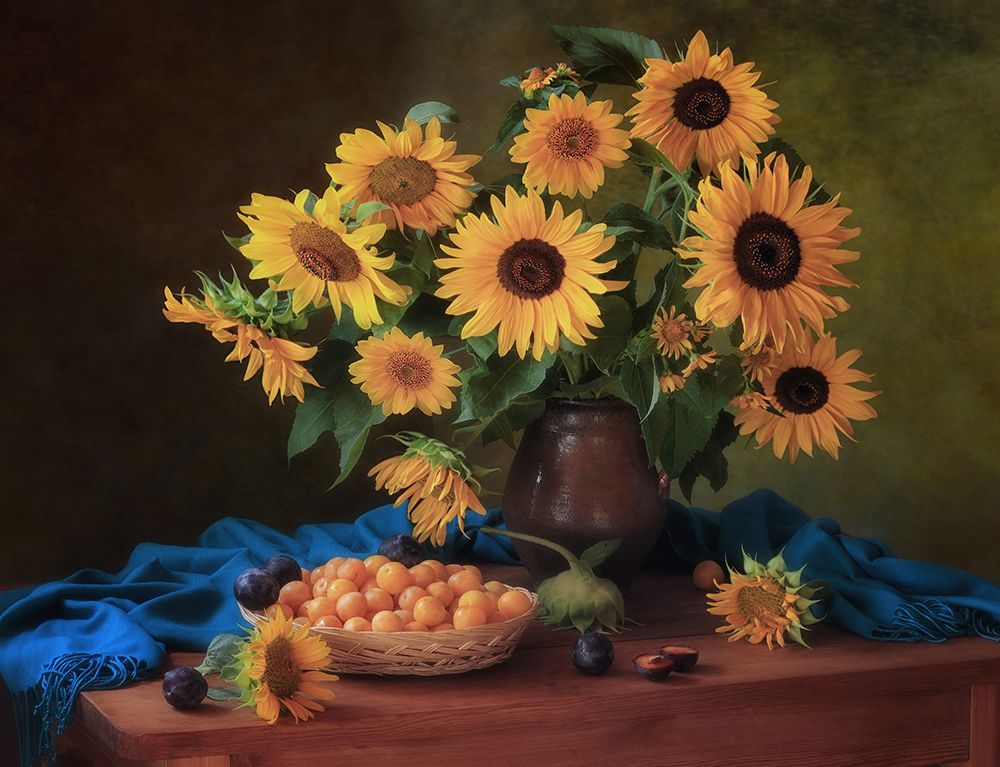 Still Life With Sunflowers And Plums art print by Tatyana Skorokhod for $57.95 CAD