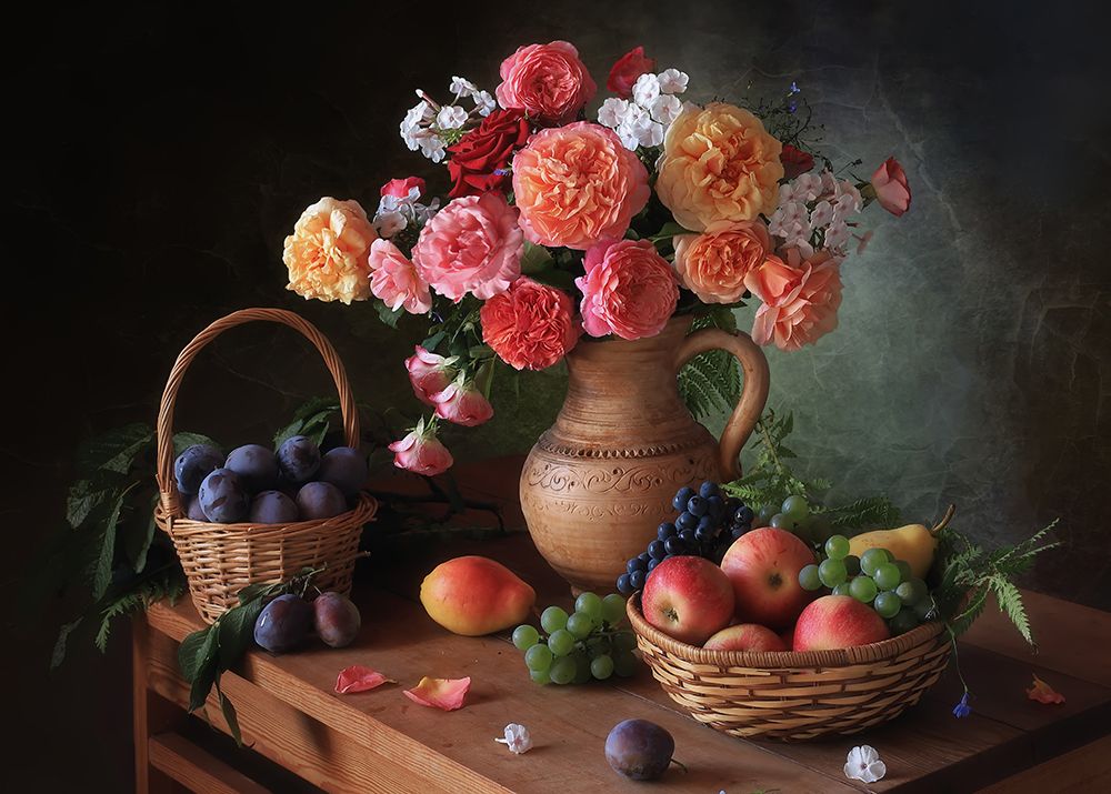 Still Life With Flowers And Autumn Fruits art print by Tatyana Skorokhod for $57.95 CAD