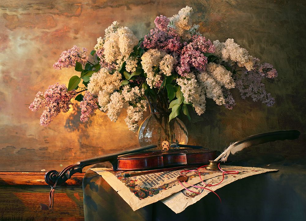 Still Life With Violin And Lilac Flowers art print by Andrey Morozov for $57.95 CAD