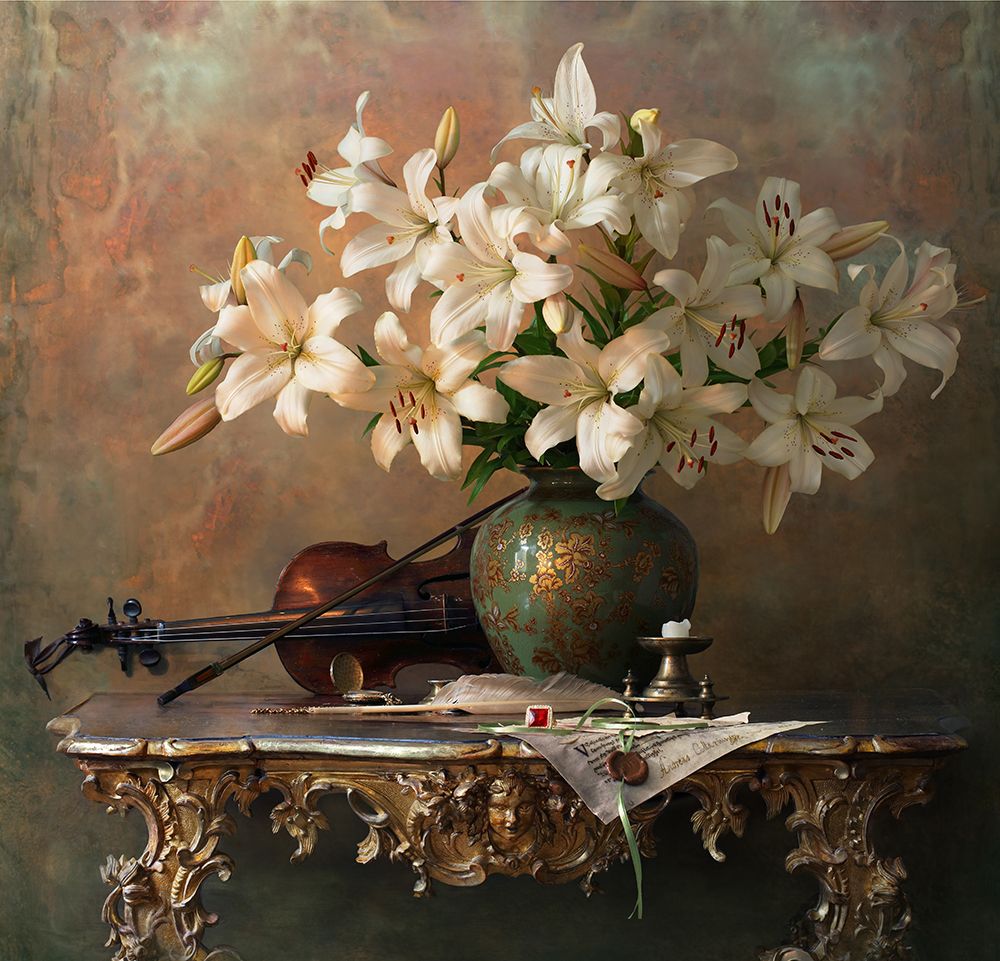 Still Life With Violin And Lilies art print by Andrey Morozov for $57.95 CAD