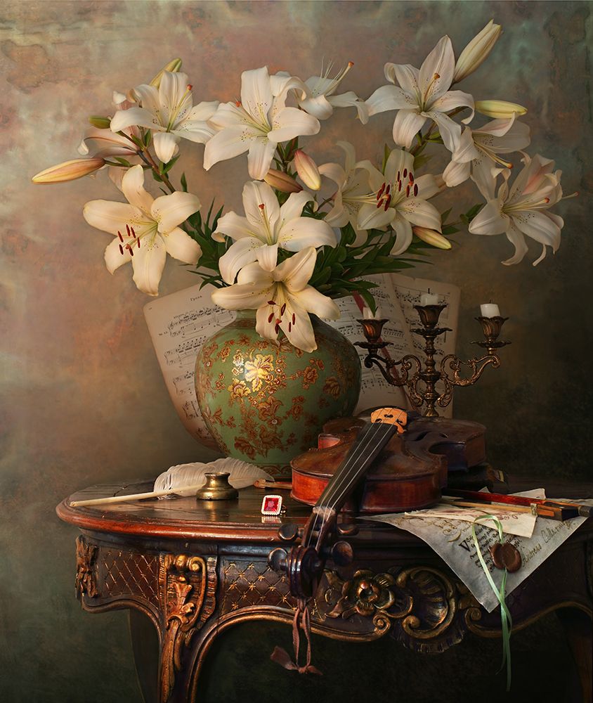 Still Life With Violin And Lilies art print by Andrey Morozov for $57.95 CAD