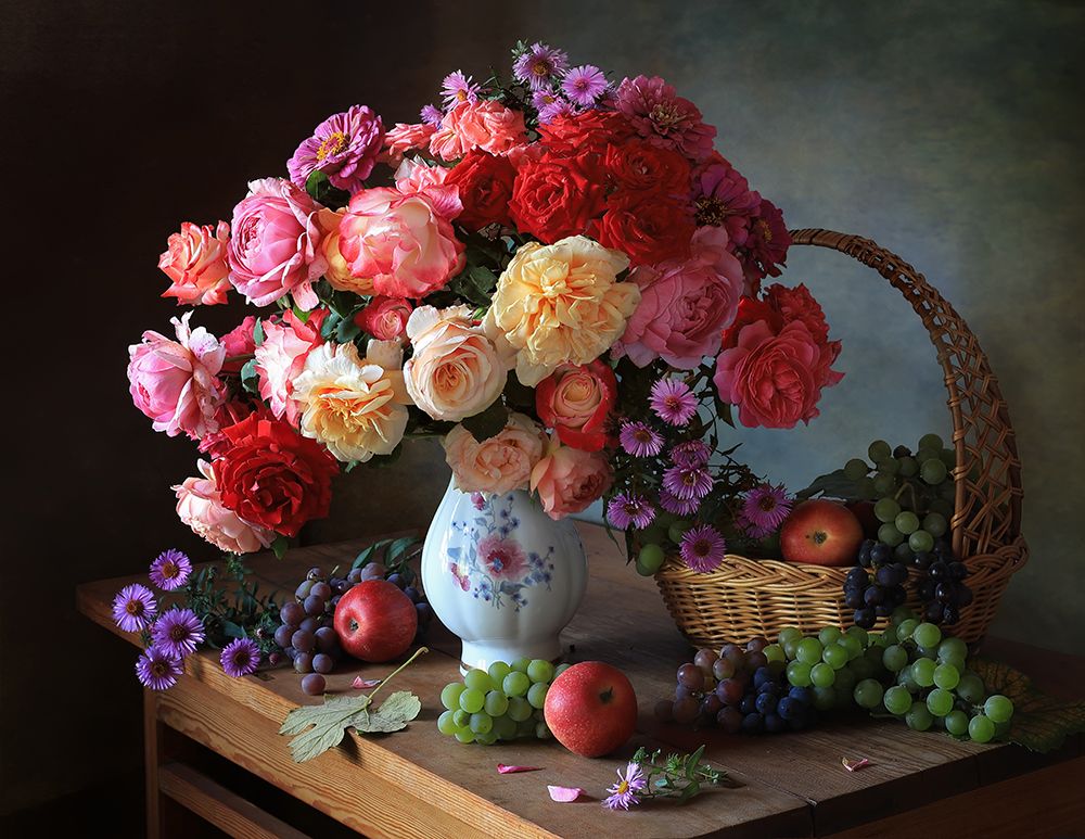 Still life with autumn roses and grapes art print by Tatyana Skorokhod for $57.95 CAD