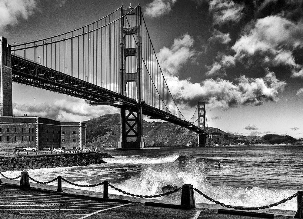 Surfing Under The Golden Gate Bridge art print by Jois Domont for $57.95 CAD