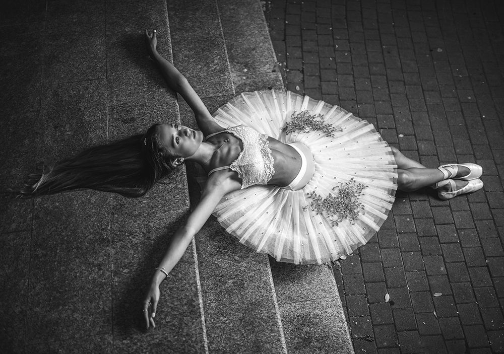 Ballerina Lying On The Stairs 2 Bw art print by Vasil Nanev for $57.95 CAD