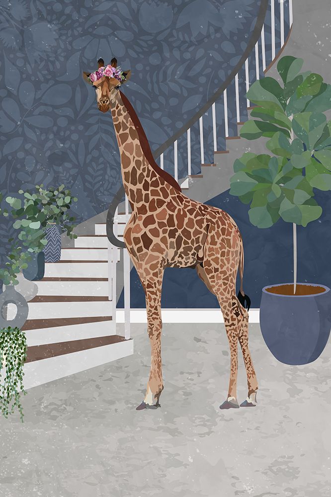 Giraffe by the stairs art print by Sarah Manovski for $57.95 CAD