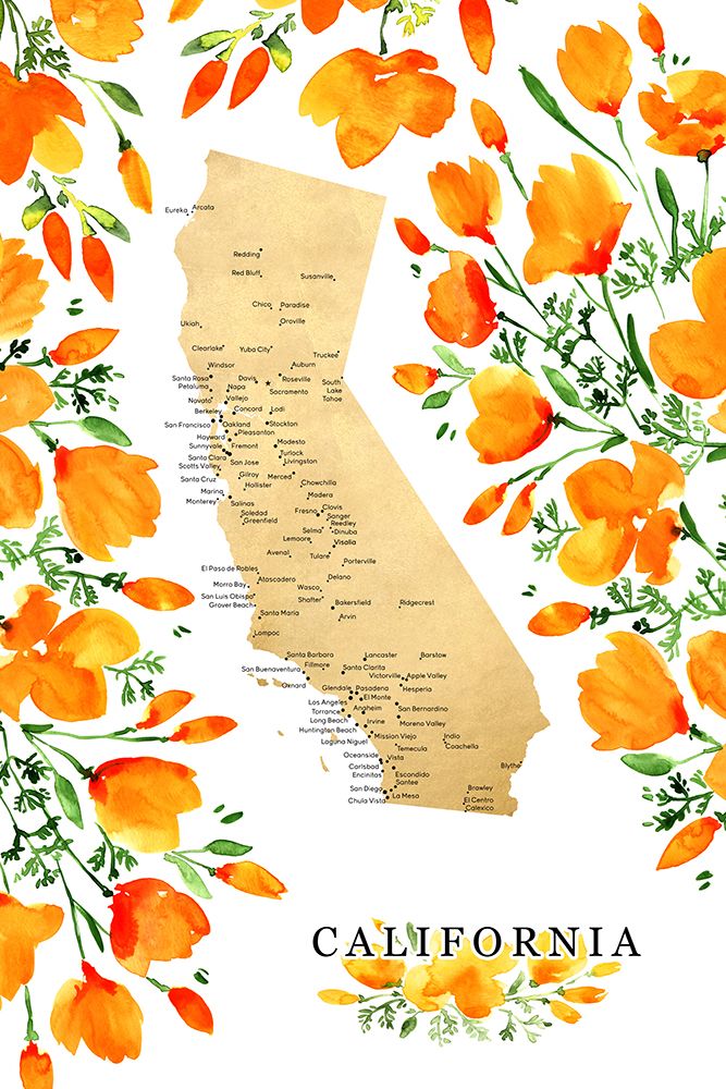 California map with watercolor poppies art print by Rosana Laiz Blursbyai for $57.95 CAD