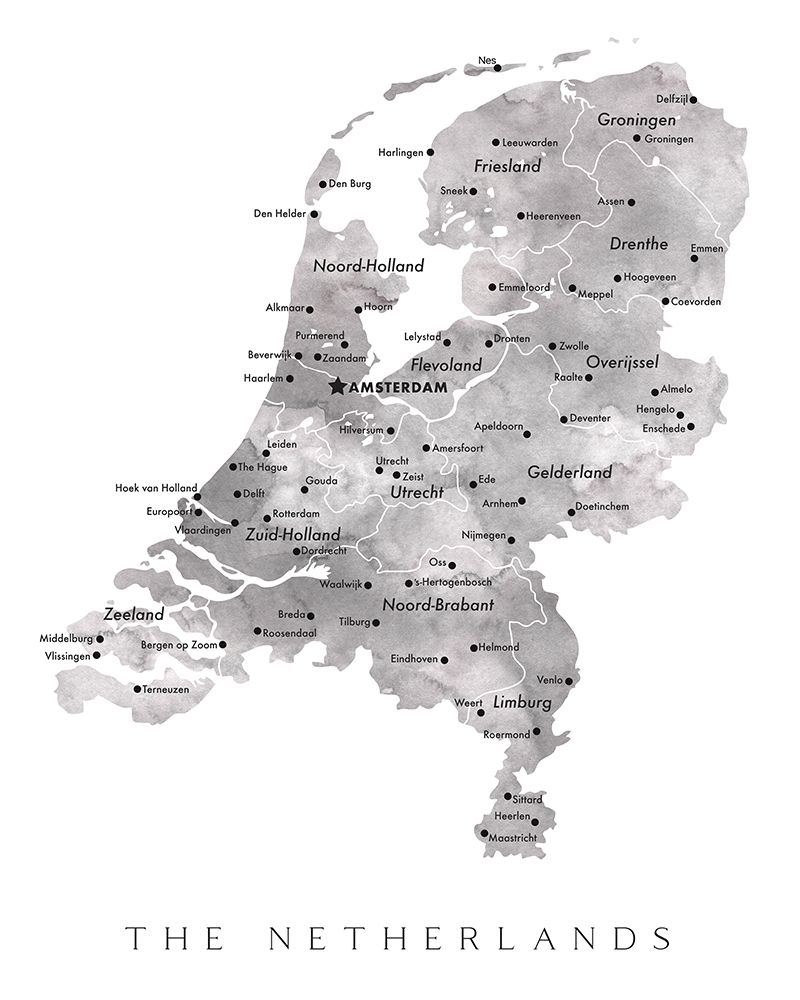 Gray map of the Netherlands art print by Rosana Laiz Blursbyai for $57.95 CAD
