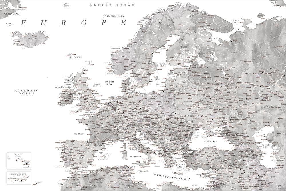 Gray watercolor Europe map art print by Rosana Laiz Blursbyai for $57.95 CAD