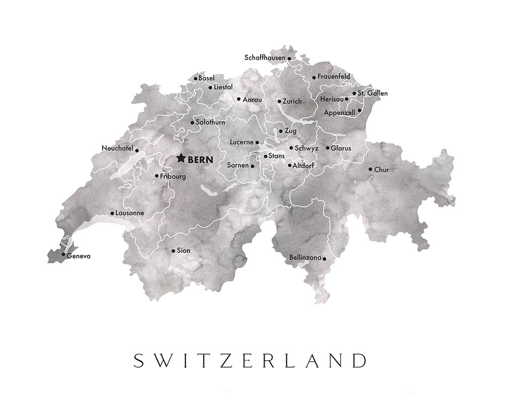 Gray watercolor map of Switzerland art print by Rosana Laiz Blursbyai for $57.95 CAD