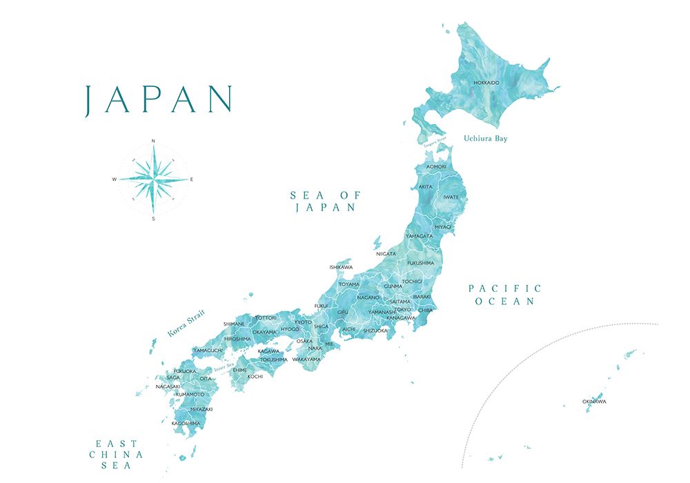Aquamarine watercolor Japan map art print by Rosana Laiz Blursbyai for $57.95 CAD