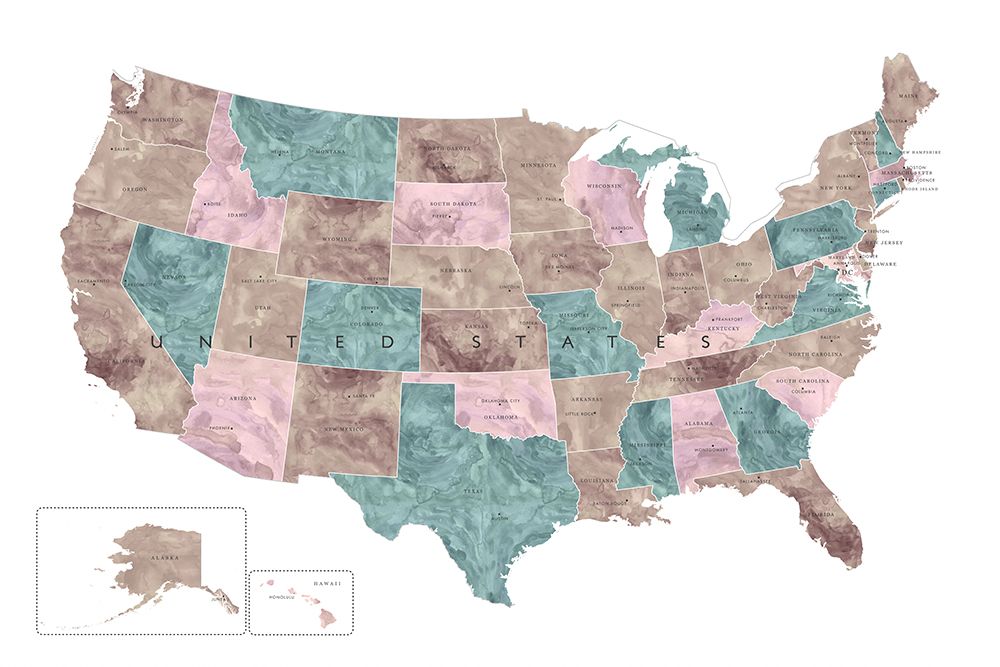 Pink and teal watercolor map of the US art print by Rosana Laiz Blursbyai for $57.95 CAD