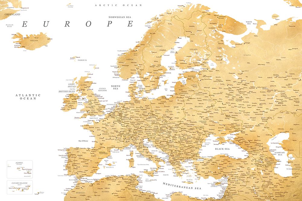 Golden detailed map of Europe art print by Rosana Laiz Blursbyai for $57.95 CAD