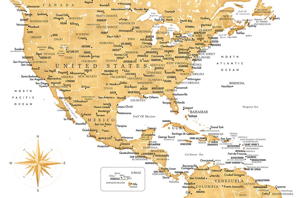 Golden map of USA and Mexico art print by Rosana Laiz Blursbyai for $57.95 CAD