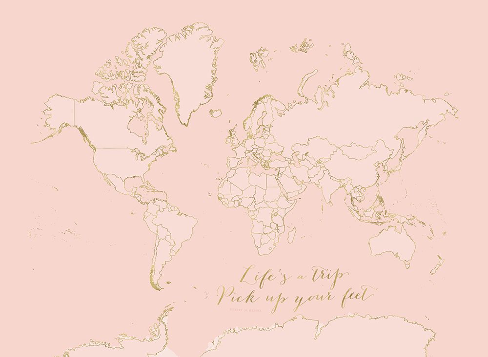 Inspirational pink and gold world map art print by Rosana Laiz Blursbyai for $57.95 CAD
