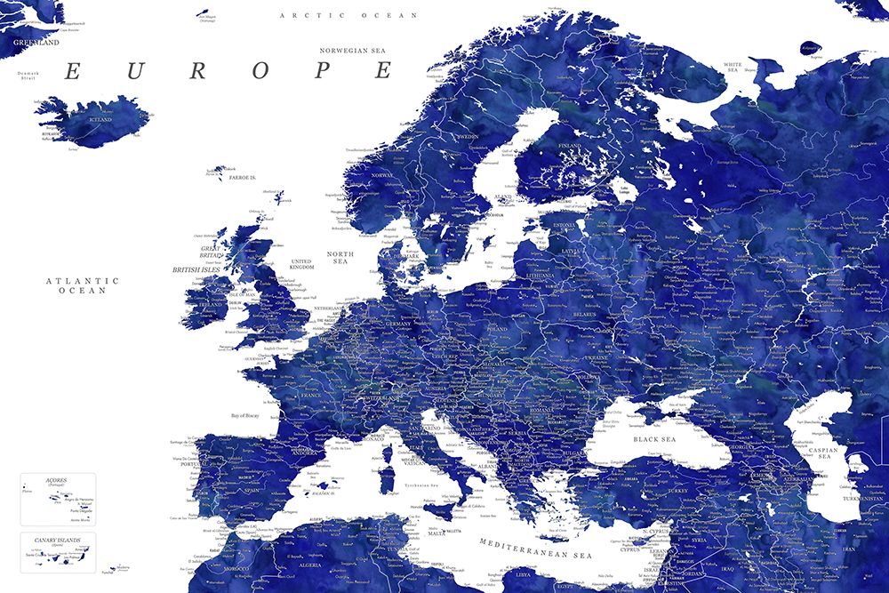 Navy blue detailed map of Europe art print by Rosana Laiz Blursbyai for $57.95 CAD