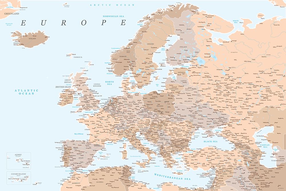 Neutral detailed map of Europe art print by Rosana Laiz Blursbyai for $57.95 CAD