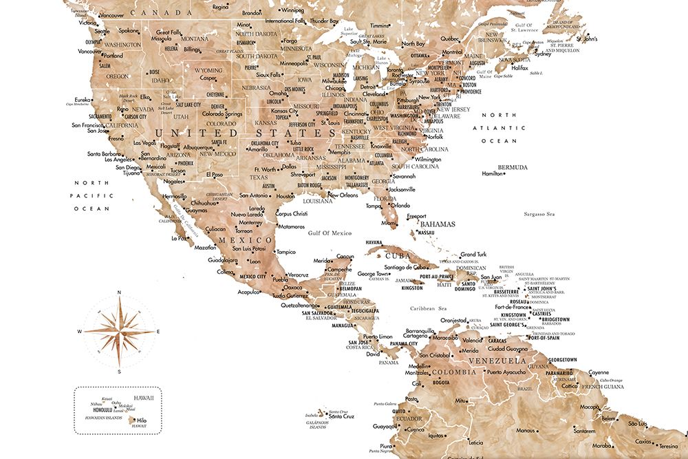 Neutral USA and the Caribbean sea map art print by Rosana Laiz Blursbyai for $57.95 CAD