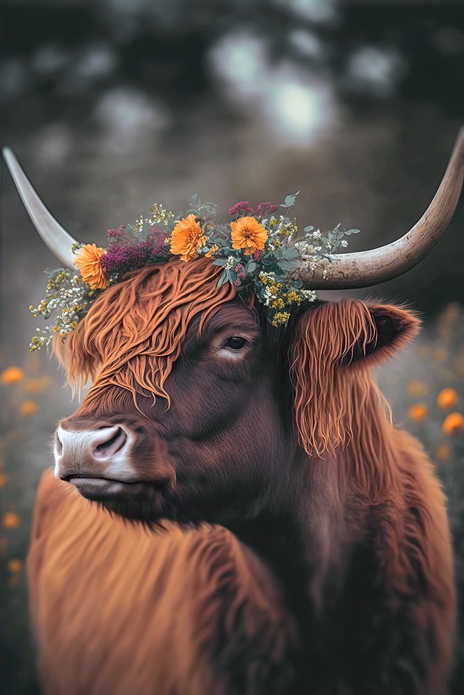 Highland Cow With Flowers art print by Treechild for $57.95 CAD