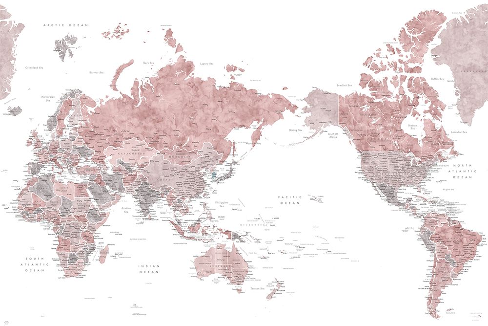 Pacific centered world map in dusty pink art print by Rosana Laiz Blursbyai for $57.95 CAD