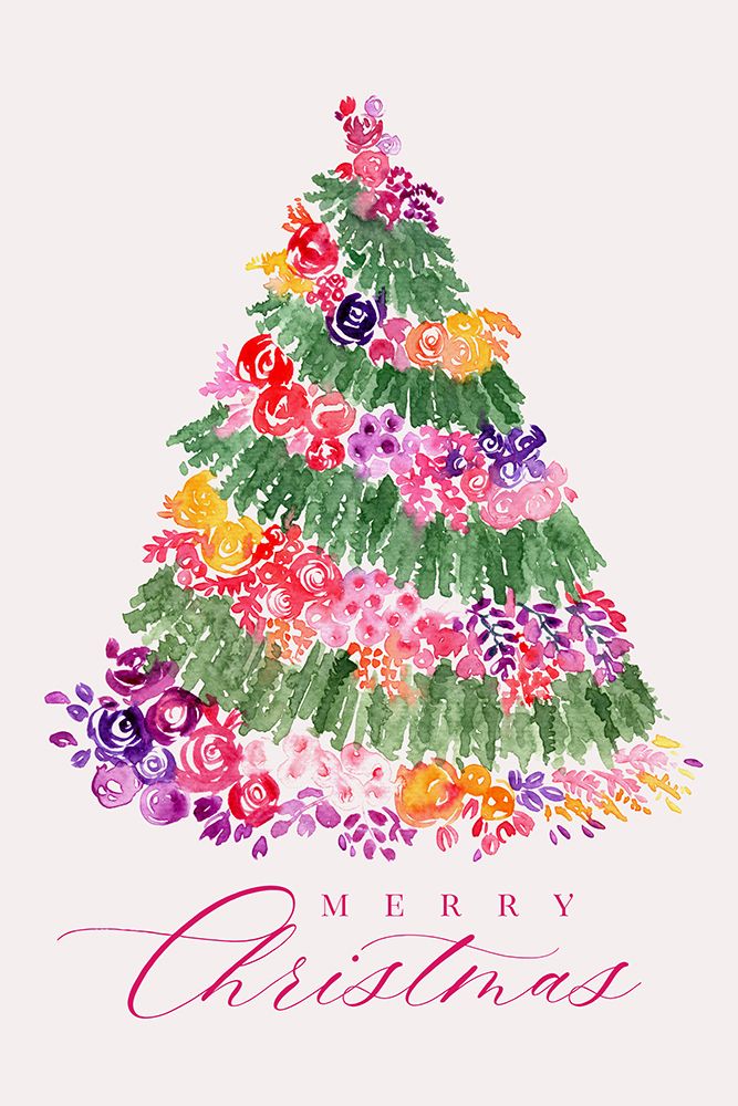 Floral watercolor merry Christmas tree art print by Rosana Laiz Blursbyai for $57.95 CAD