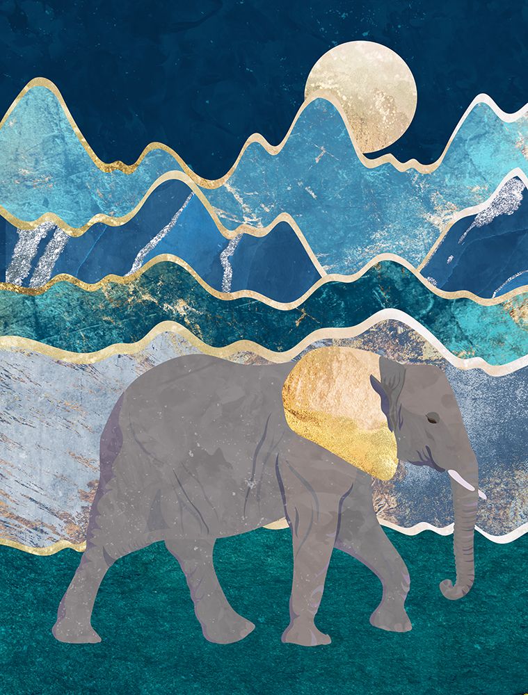 Metallic Elephant in the Moonlit Mountains art print by Sarah Manovski for $57.95 CAD