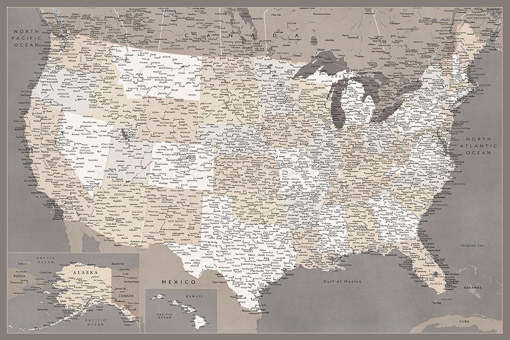 Highly detailed map of the United States, dark taupe art print by Rosana Laiz Blursbyai for $57.95 CAD