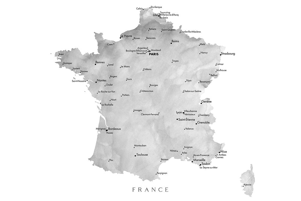 Gray watercolor map of France art print by Rosana Laiz Blursbyai for $57.95 CAD