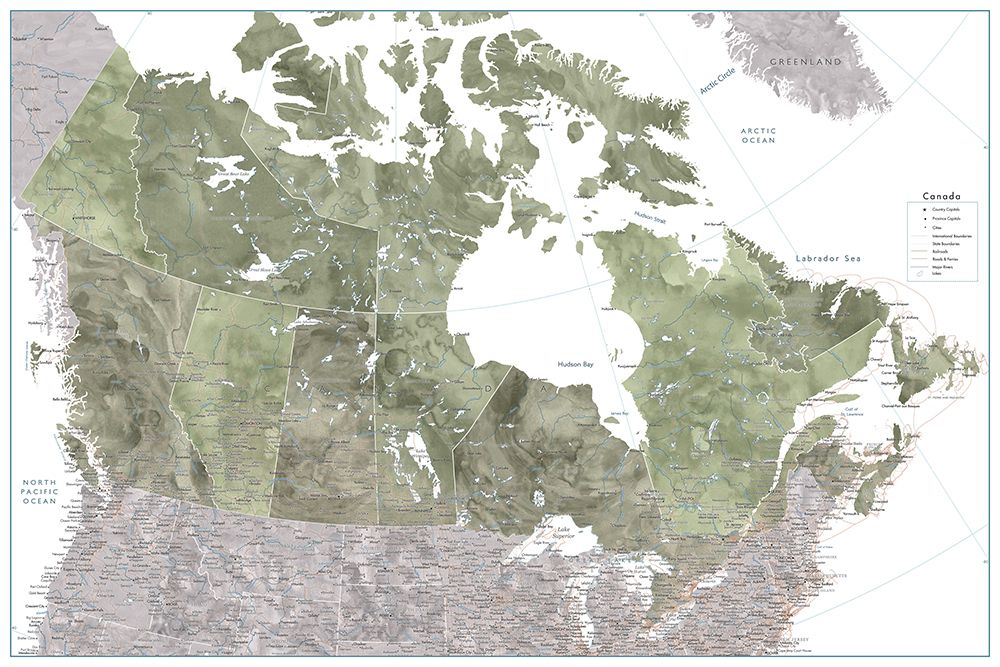 Detailed map of Canada in green watercolor art print by Rosana Laiz Blursbyai for $57.95 CAD