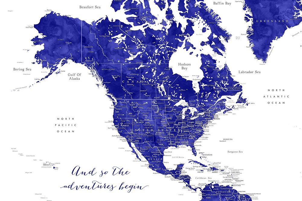 Adventure map of North America in cobalt blue art print by Rosana Laiz Blursbyai for $57.95 CAD