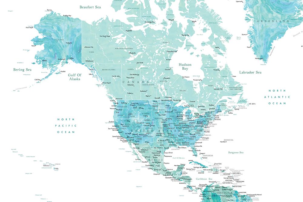 Map of North America in aquamarine watercolor art print by Rosana Laiz Blursbyai for $57.95 CAD