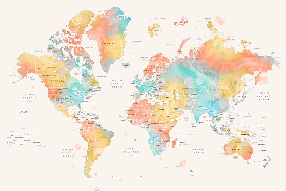 Watercolor world map with countries, Fifi art print by Rosana Laiz Blursbyai for $57.95 CAD