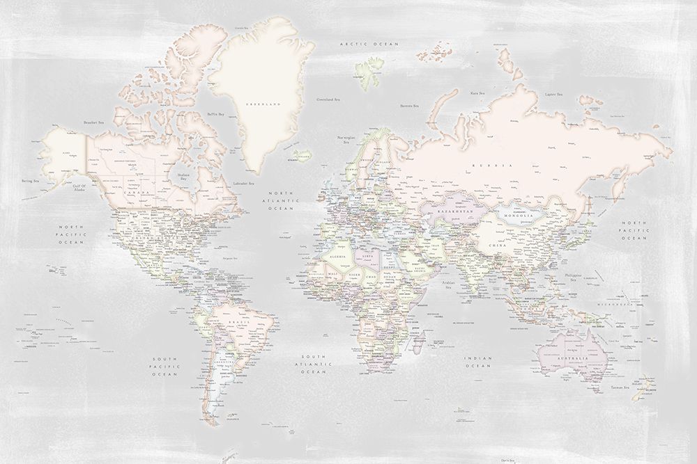 Detailed world map with cities, Maeli pastels art print by Rosana Laiz Blursbyai for $57.95 CAD