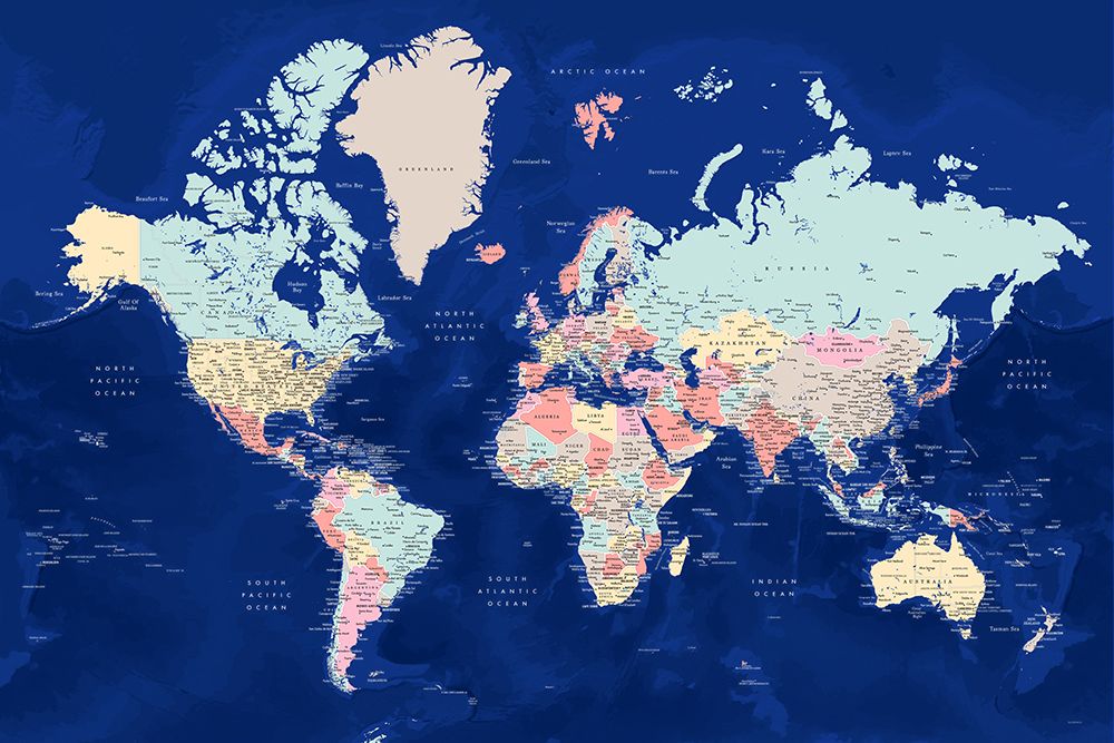 Detailed world map with cities, Powa art print by Rosana Laiz Blursbyai for $57.95 CAD