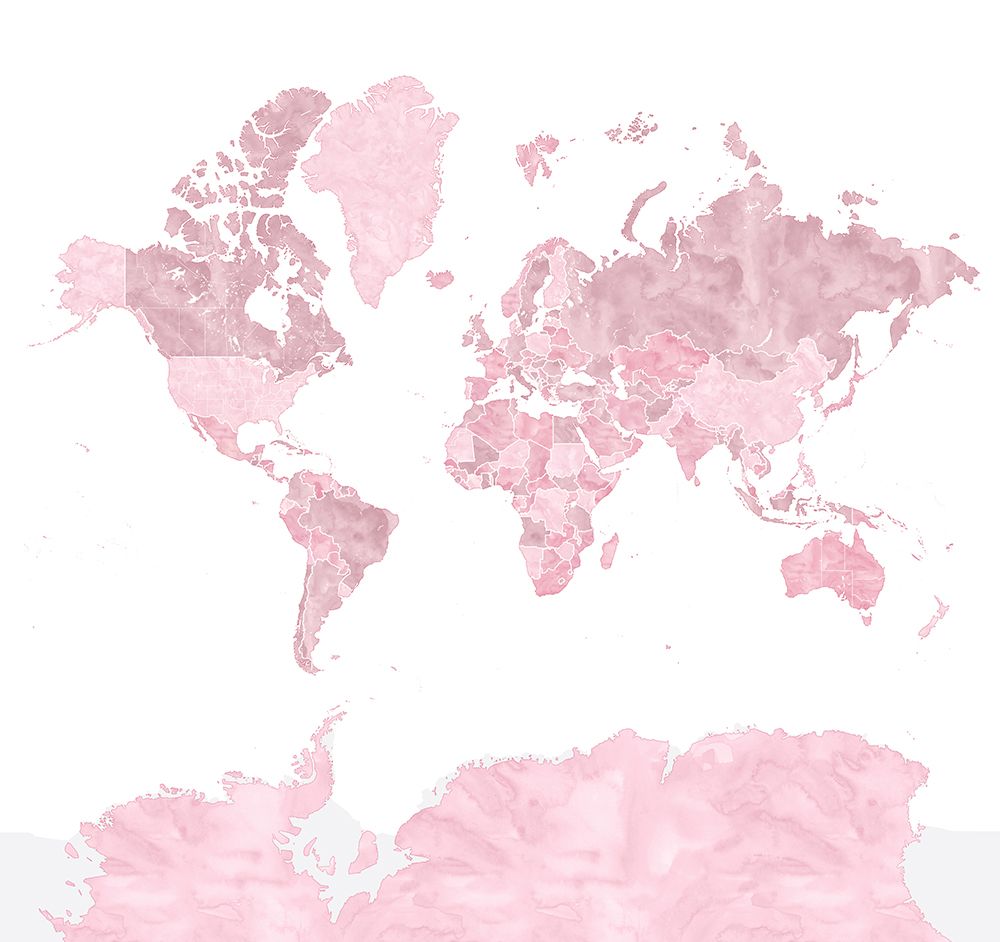 Pink watercolor world map with outlined countries, Melit art print by Rosana Laiz Blursbyai for $57.95 CAD