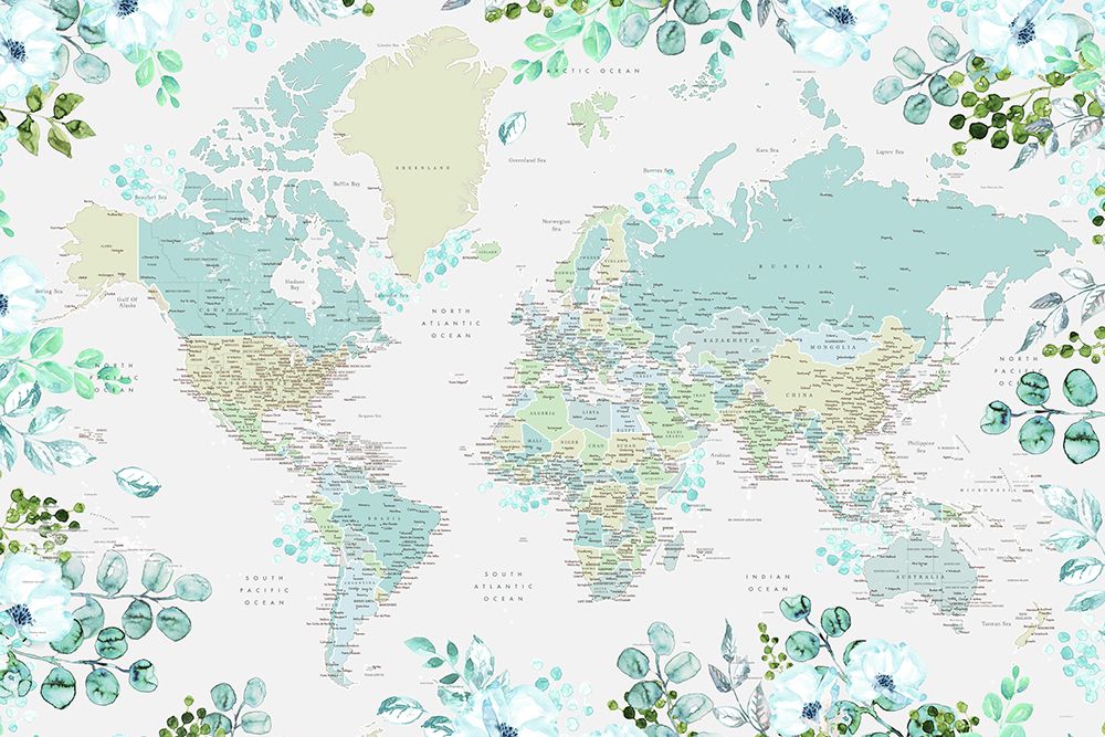 Detailed world map with cities and florals, Marie art print by Rosana Laiz Blursbyai for $57.95 CAD