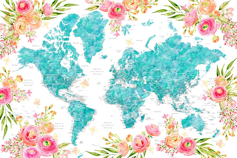 Detailed floral world map with cities, Haven art print by Rosana Laiz Blursbyai for $57.95 CAD