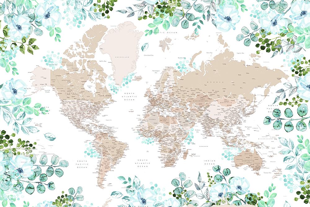 Detailed floral world map with cities, Leanne art print by Rosana Laiz Blursbyai for $57.95 CAD