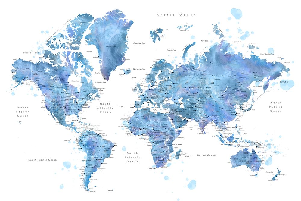 Blue watercolor world map with cities, Simeon art print by Rosana Laiz Blursbyai for $57.95 CAD