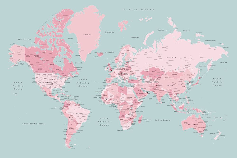 Pink and aqua world map with cities, Isobel art print by Rosana Laiz Blursbyai for $57.95 CAD