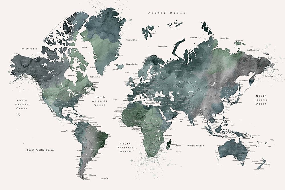Watercolor world map with cities, Makoa art print by Rosana Laiz Blursbyai for $57.95 CAD