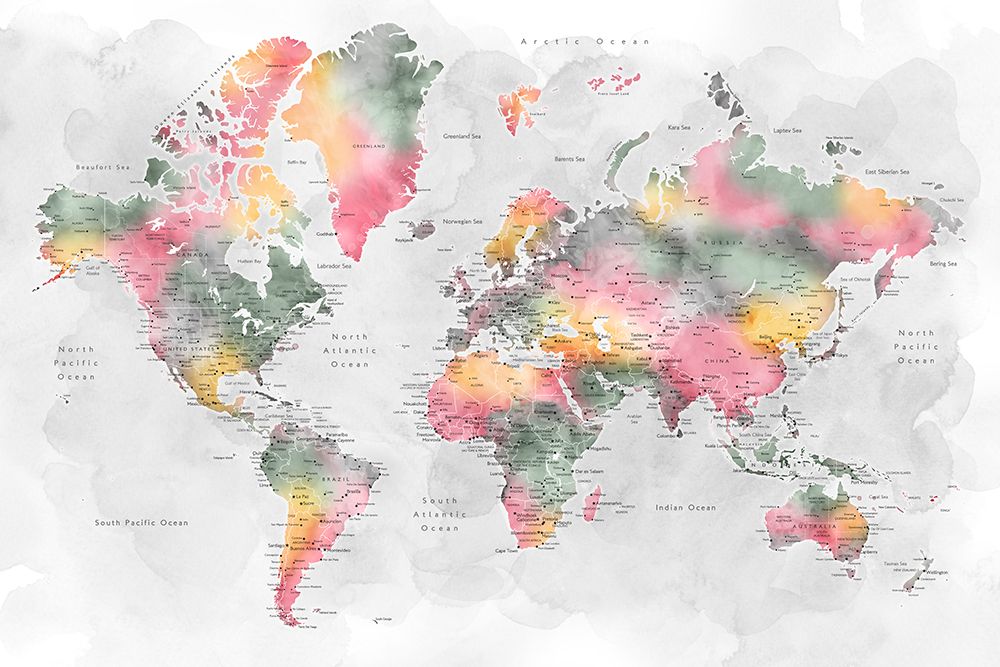 Watercolor world map with cities, Zadie art print by Rosana Laiz Blursbyai for $57.95 CAD