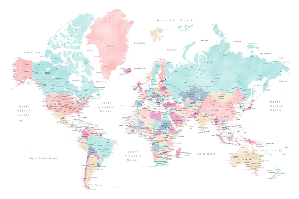 Distressed pastels world map with cities, Carmen art print by Rosana Laiz Blursbyai for $57.95 CAD