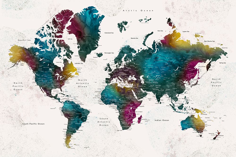 Watercolor world map with cities, Charleena art print by Rosana Laiz Blursbyai for $57.95 CAD