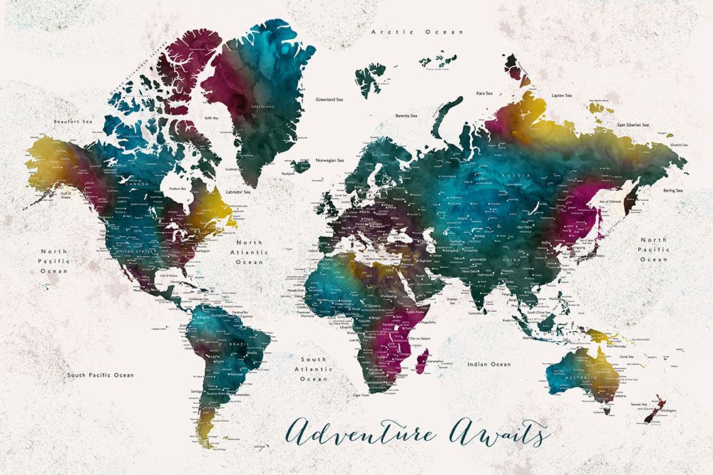 Charleena world map with cities - Adventure awaits art print by Rosana Laiz Blursbyai for $57.95 CAD