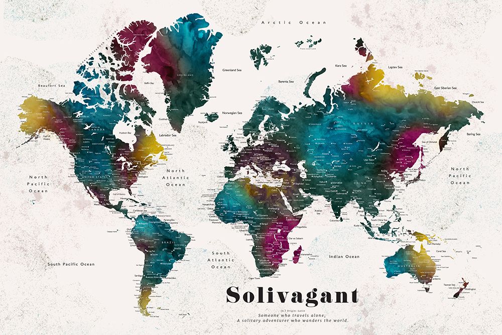 Charleena world map with cities - Solivagant art print by Rosana Laiz Blursbyai for $57.95 CAD