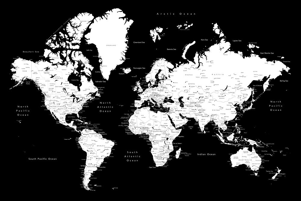 Black and white world map with cities, Connie art print by Rosana Laiz Blursbyai for $57.95 CAD